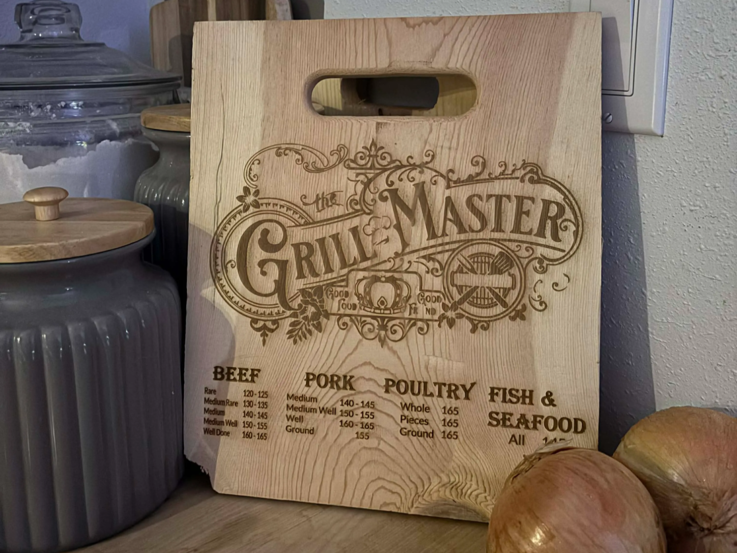 Grill Master Cutting Board with Cooking Temperatures gift for husband idea