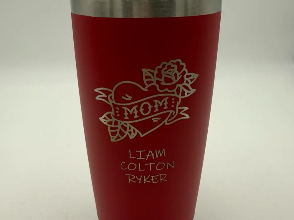 Laser Engraved Red Tumbler with Mom Heart and Rose Design gift for mom idea