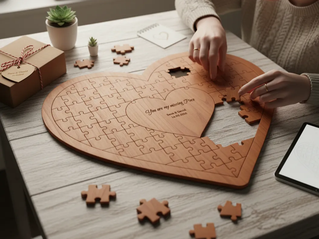 Laser Cut Wooden Heart-Shaped Puzzle with Personalized Engraving gift design