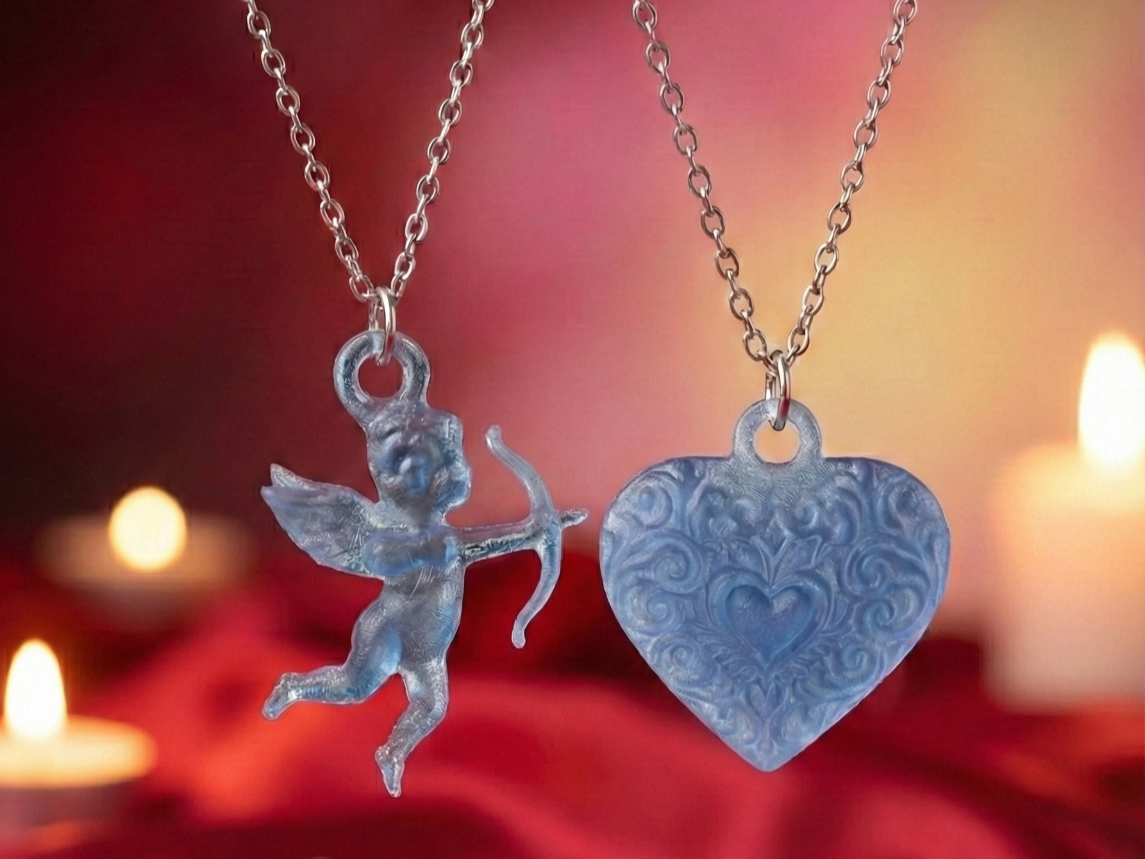 Two-Sided Glass Cupid and Heart Pendant Necklace valentines day gift design