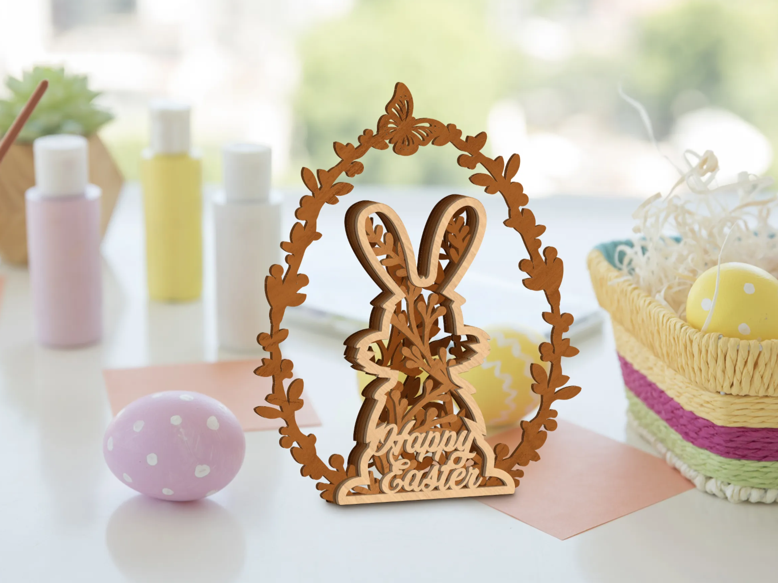 Multilayer Happy Easter decoration with lettering and spring motifs