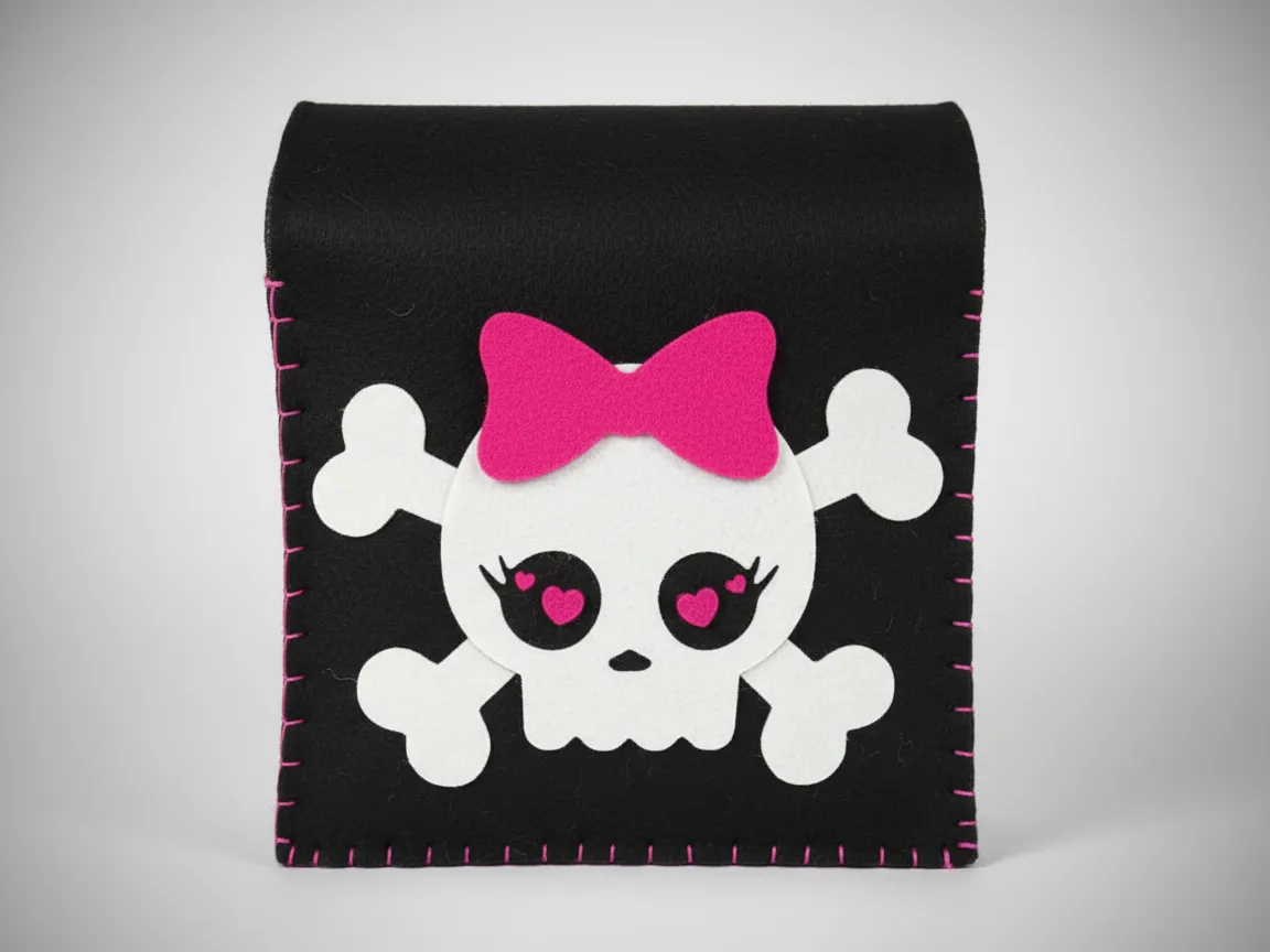 Cute Skull Crossbones Felt Pouch with Pink Bow Stitching