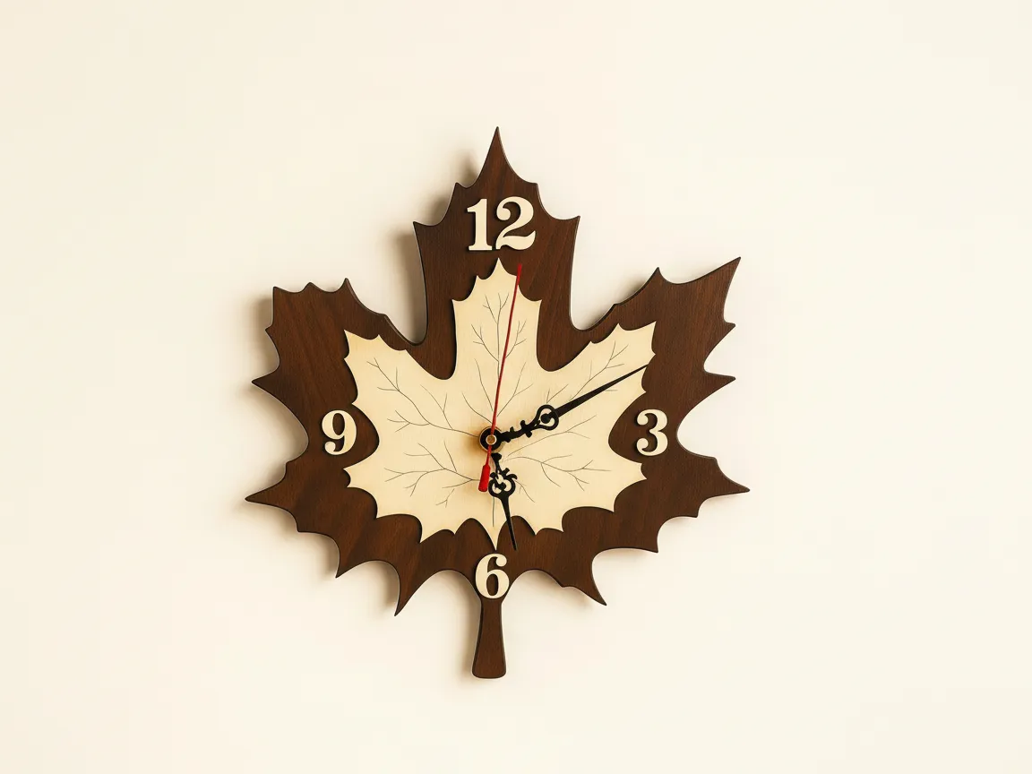Laser Cut Wooden Maple Leaf Wall Clock with Engraved Details wood clock idea