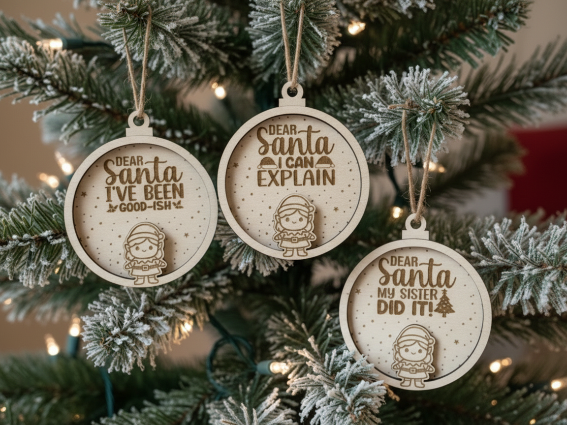 Wooden ornament set engraved with Dear Santa letter messages