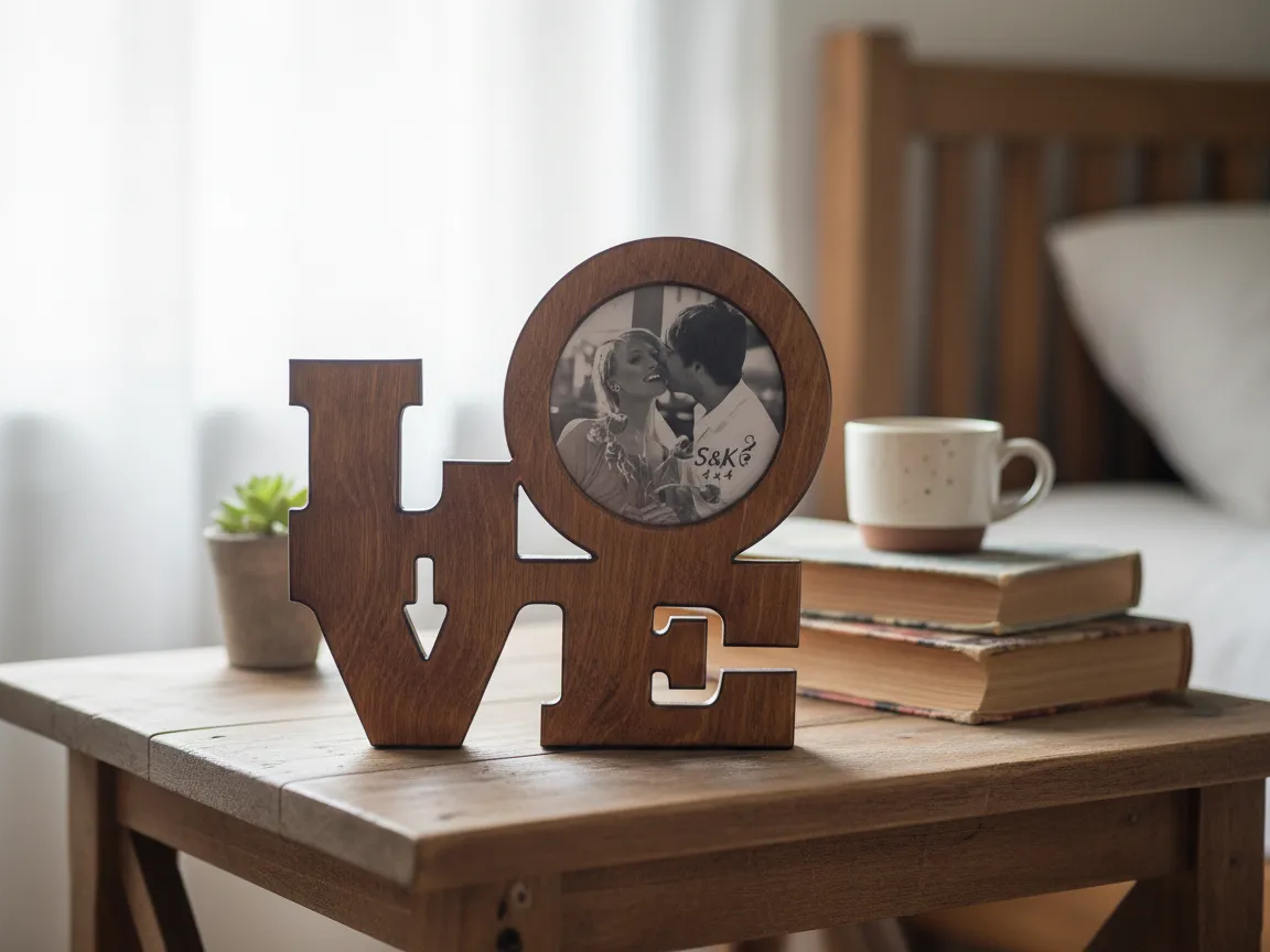 Idea regalo per la fidanzata: cornice portafoto da tavolo in legno con scritta LOVE