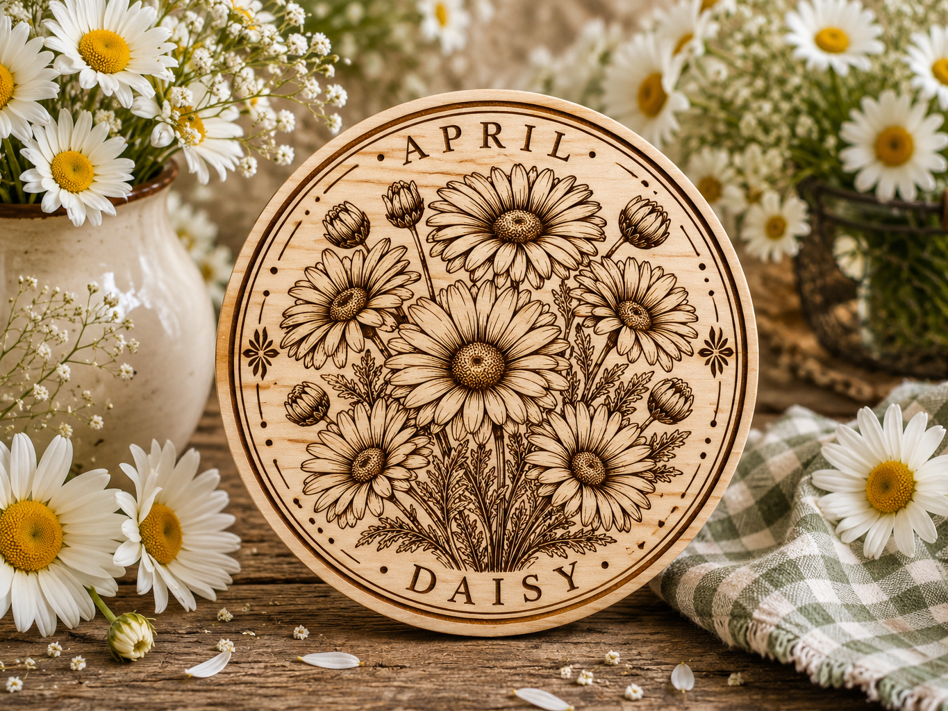 Laser cut coaster featuring April's birth flower, the daisy