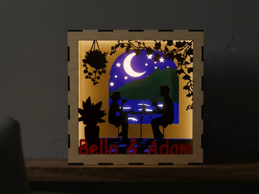 Caisson lumineux romantique personnalisé scène nocturne, idée de lampe en bois et déco lumineuse