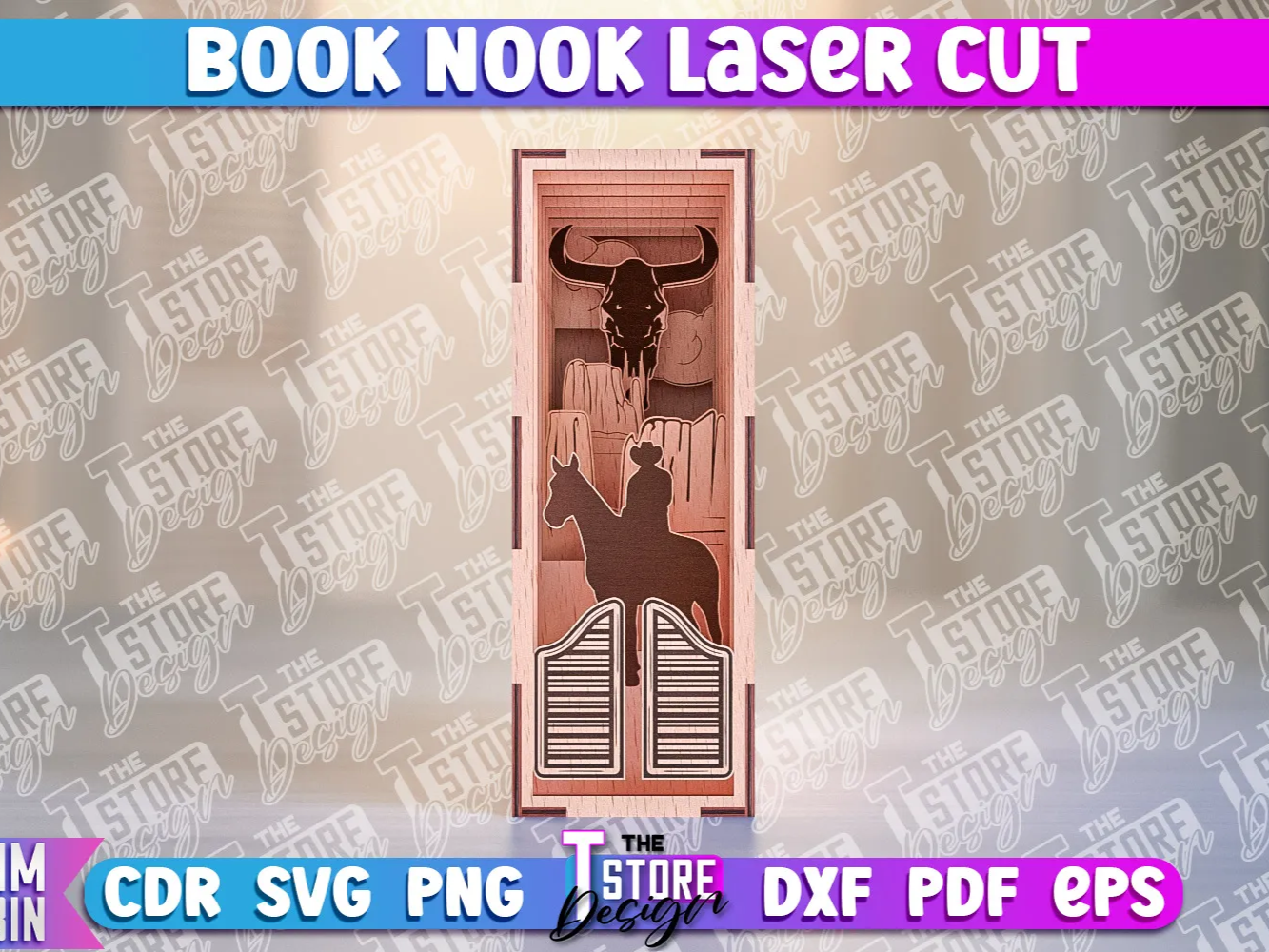 Wild West book nook 3D layered shelf insert diorama with cowboy and saloon silhouettes