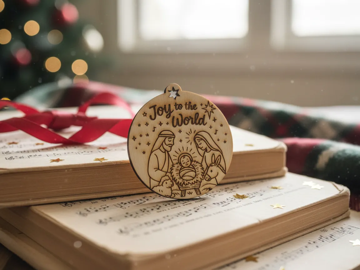 Laser cut Joy to the World nativity scene Christmas ornament for window