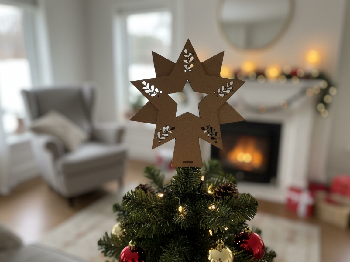 Laser-cut star tree topper with decorative leaf cutouts