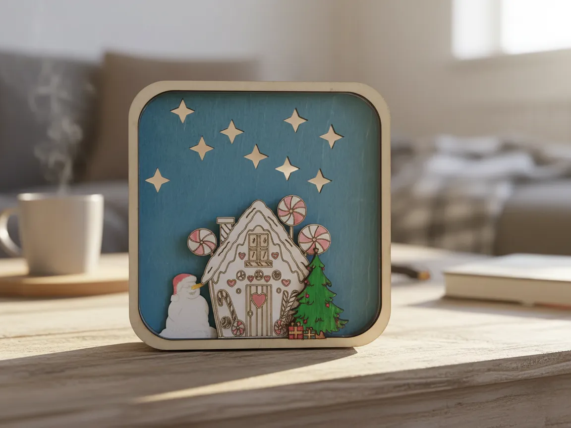 Laser cut wooden snowman and tree Christmas scene window decoration