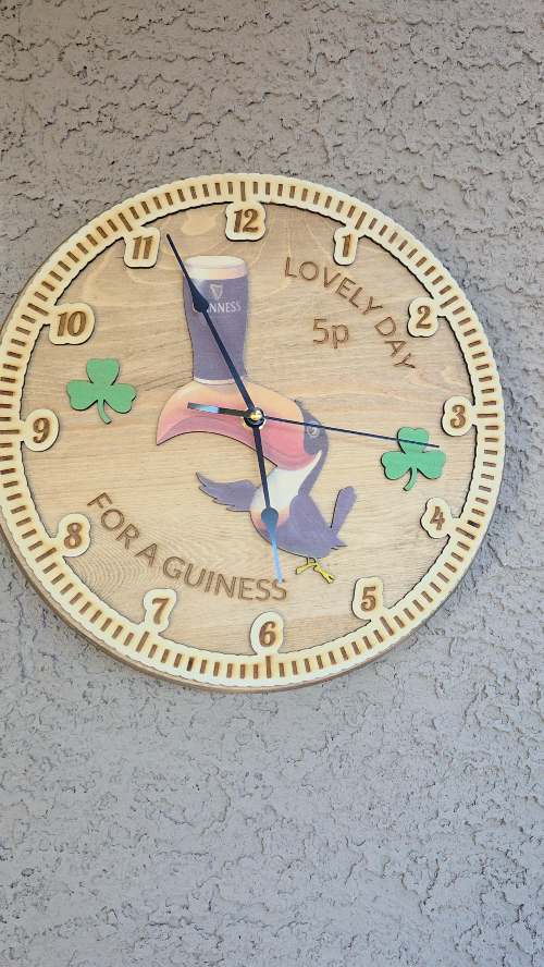 [Laser cut and engrave,Inkjet printing] Lovely Day Guinness Toucan Wall Clock with Shamrock Decor