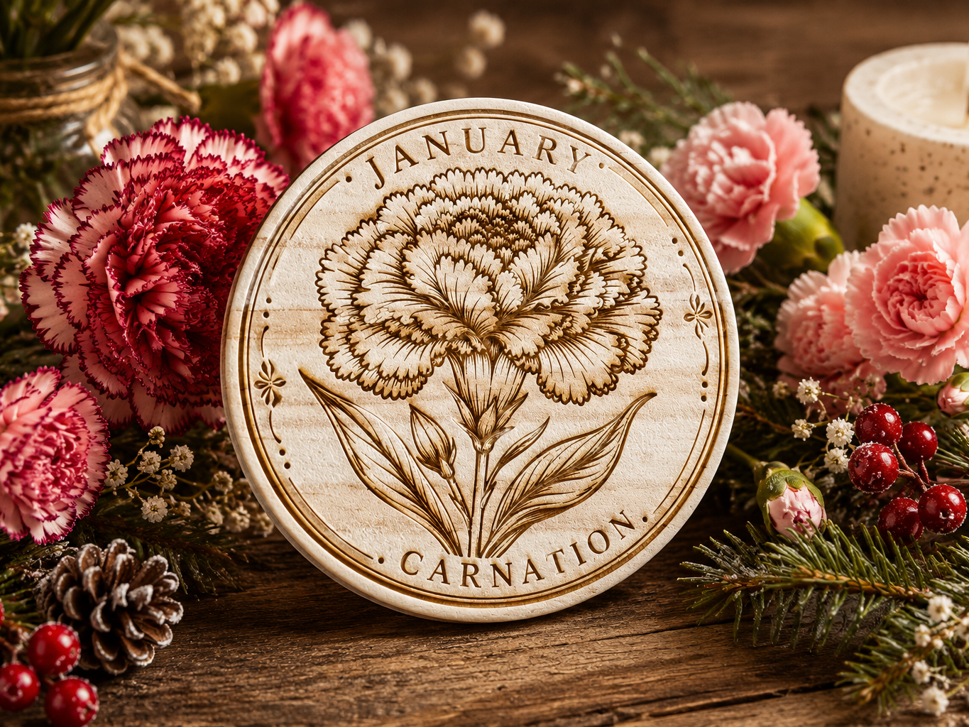 Laser cut coaster featuring January's birth flower, the carnation