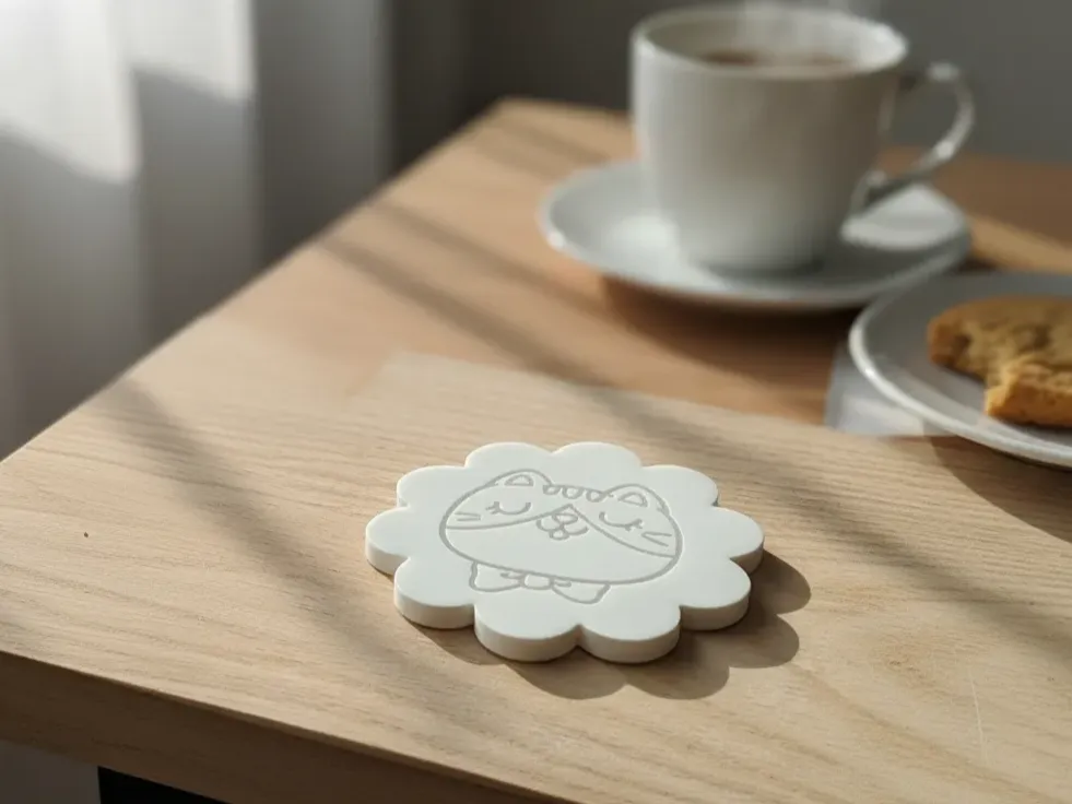 Plain white ceramic coasters used to test a UV printer