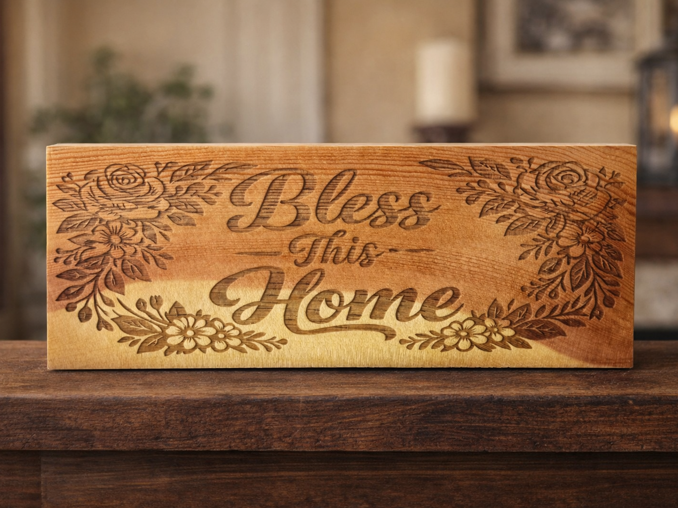 Cedar board engraved with Bless This Home floral design