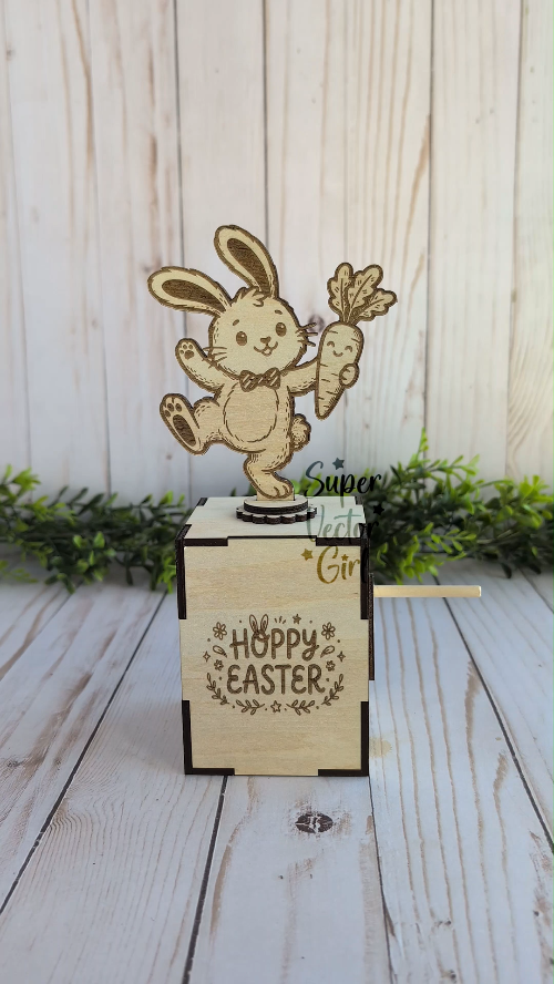 [Laser cut and engrave] Laser Cut Dancing Bunny Easter Music Box with Crank Handle