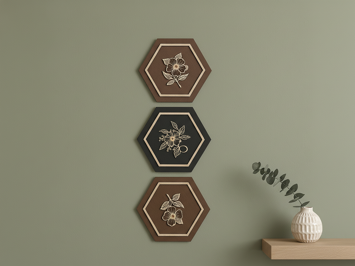 Ensemble d'art mural floral hexagonal en bois à découper au laser