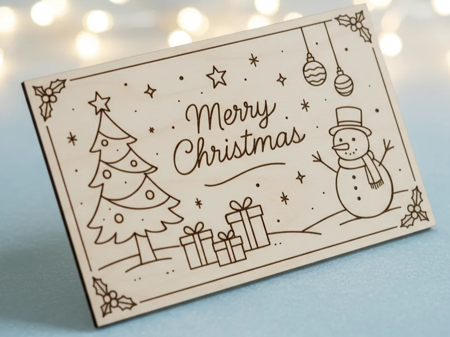 Wooden Snowman Christmas Card (Laser Cut & Engraved) birthday card design