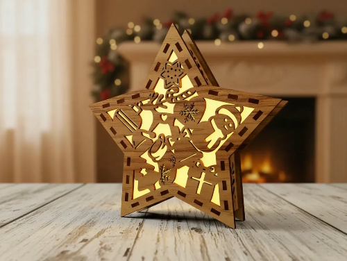 [Laser cut and engrave] Laser Cut Wooden Star Christmas Light Decoration with Holiday Icons