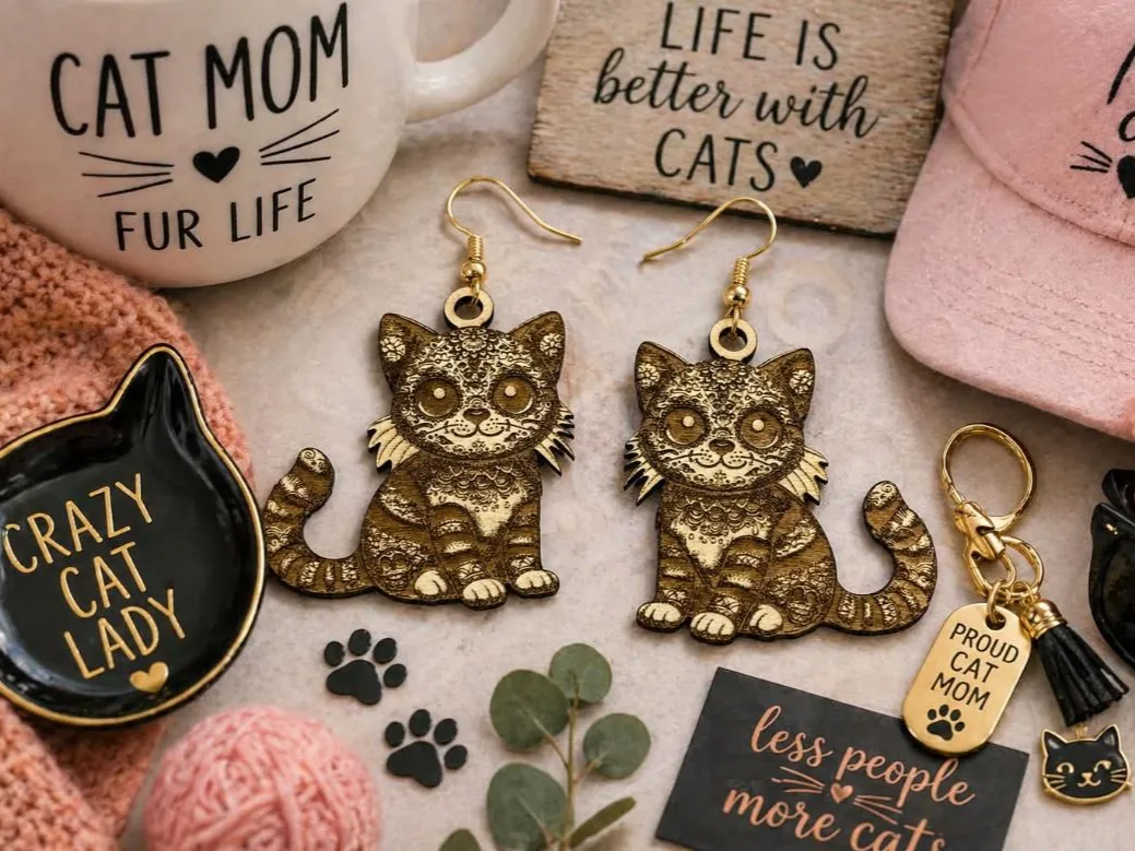 Sugar Skull Cat Earrings or Key Chain Two Sided
