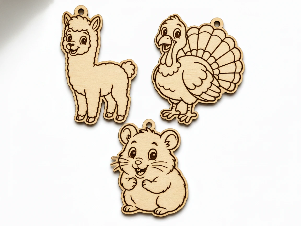Bezauberndes Holz-Schlüsselanhänger-Set Truthahn, Lama, Meerschweinchen, lasergravierte Tiermotive, süße Sperrholz-Anhänger für Schlüssel, Rucksack oder personalisierte Geschenke