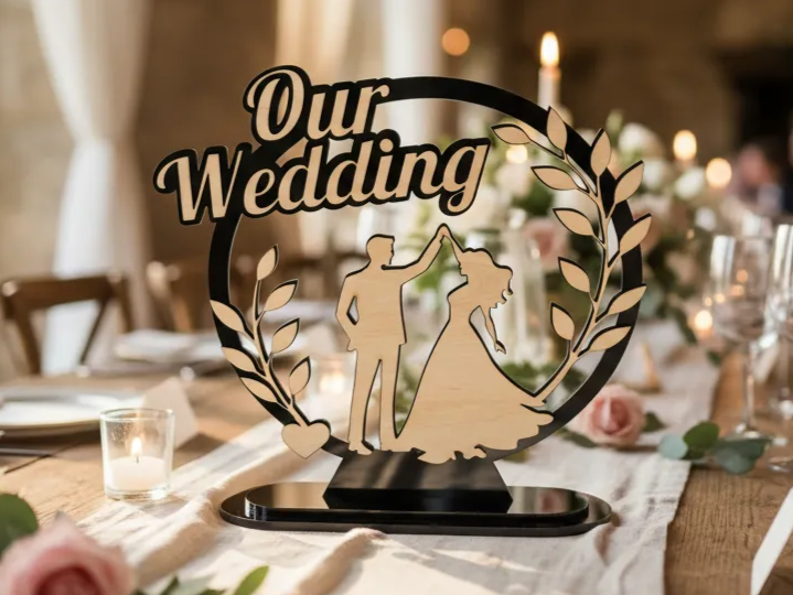 Targa da tavolo Our Wedding con anello, idea di silhouette tagliata al laser