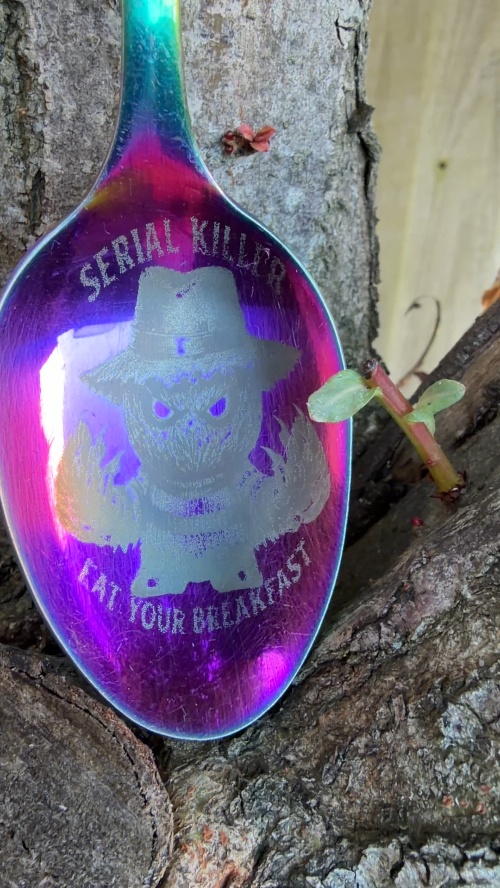 [Laser cut and engrave] Iridescent Metal Spoon Featuring Freddy Krueger Serial Killer Graphic