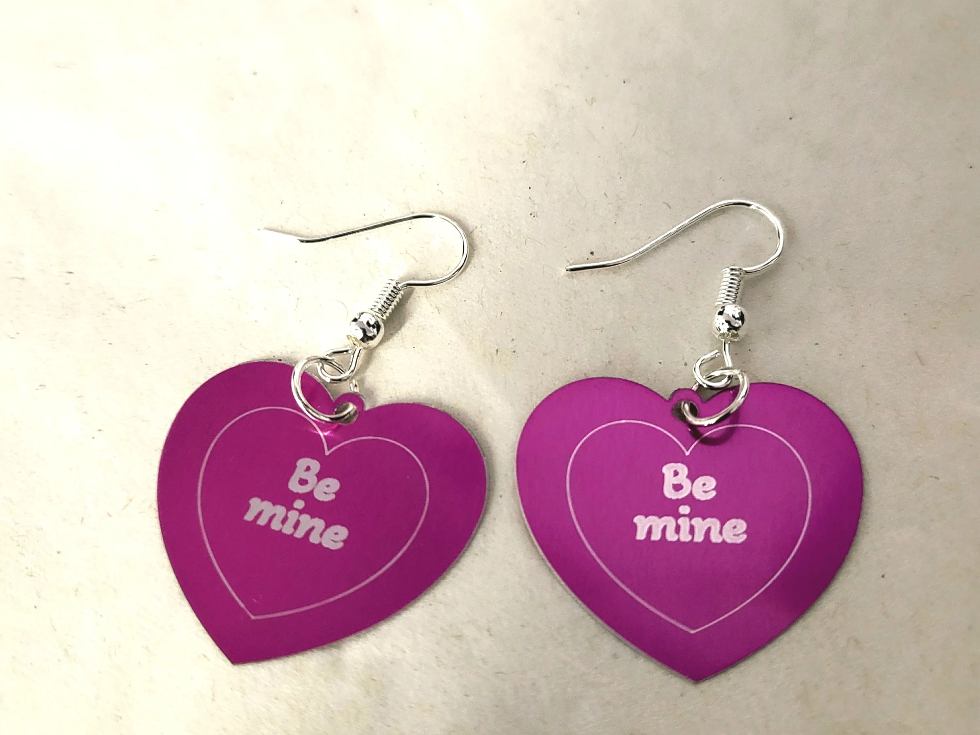 Laser Engraved Purple Heart Earrings with Be Mine Text valentines day gift for her design
