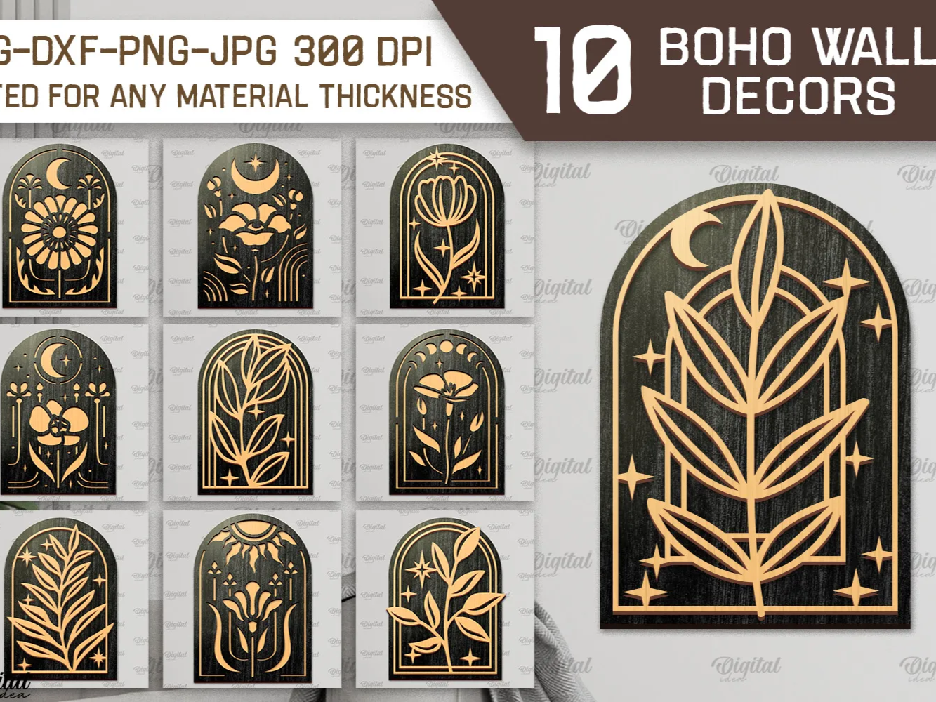 Set de décoration murale boho 3D. Décoration murale florale découpée au laser. SVG enseigne céleste. 10 modèles — idée de création florale