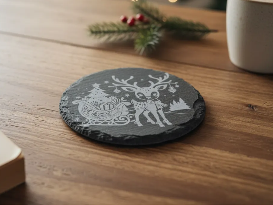 Reindeer and Sleigh Slate Coaster free Christmas SVG laser cut design