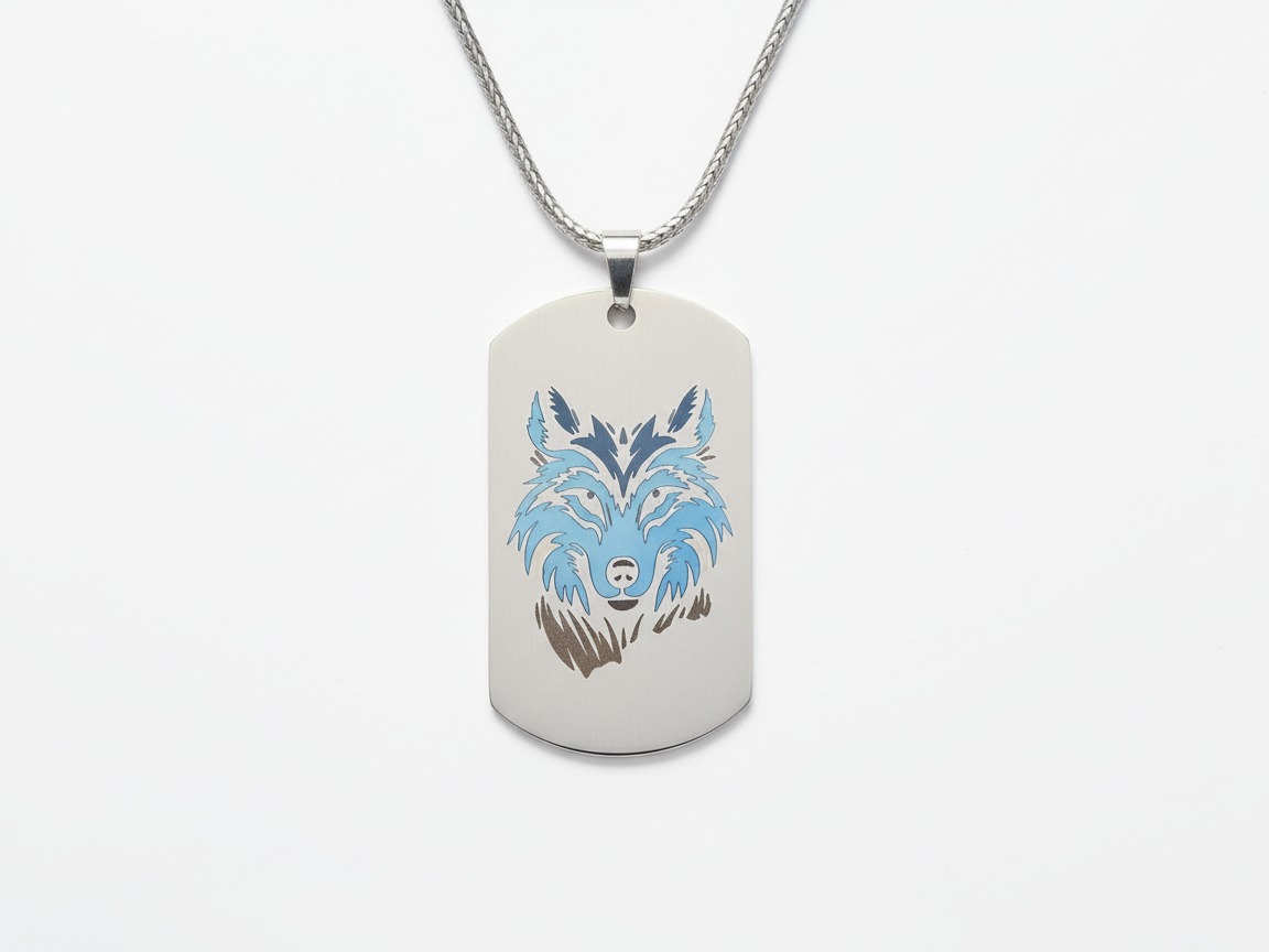 Color-Engraved Wolf Head Tag pet id tag design