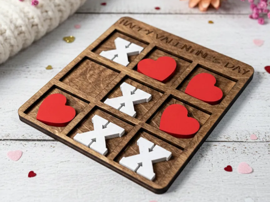 Wooden Tic-Tac-Toe Game with Hearts and Xs valentines day gift design