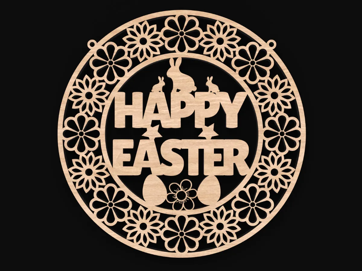 Laser cut Happy Easter wreath with flowers and greeting