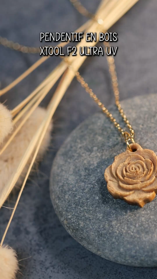 [Laser cut and engrave] Laser Cut Wooden Rose Pendant Necklace with Gold Chain