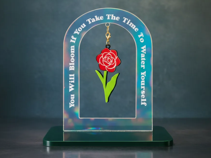 Acrylic Arch with Inspirational Quote and Hanging Rose Charm gift for her design