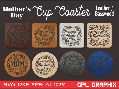 [Laser cut and engrave] Mother's Day Cup Coaster in Leather & Basswood with Floral Decor - Digital Download