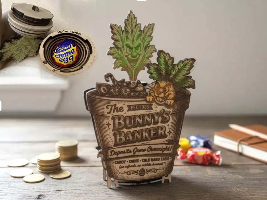 The Bunny's Banker Wooden Carrot Bank easter gift design