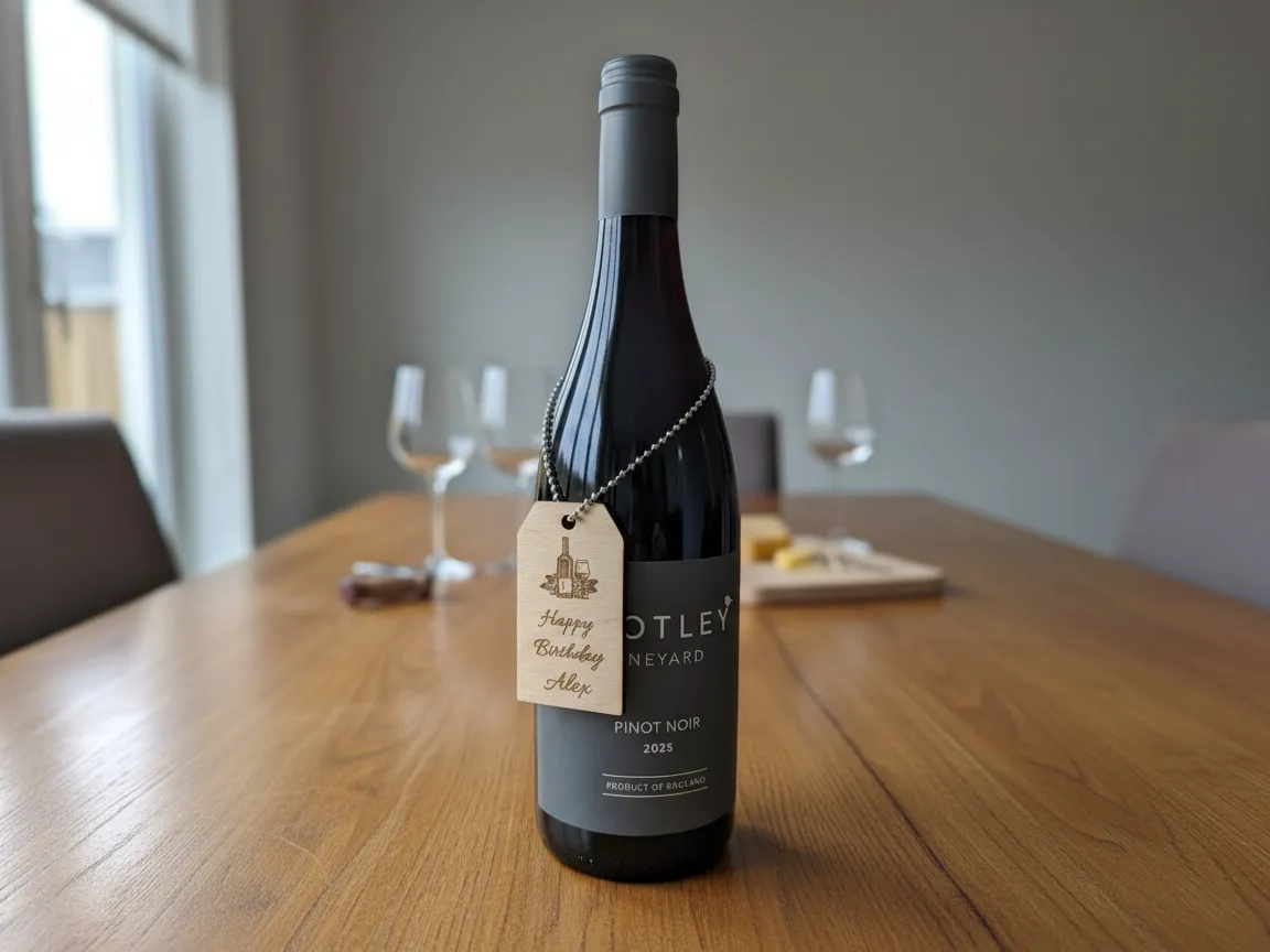 Etiqueta de madera personalizada para botella de vino de cumpleaños, idea de regalo de vino
