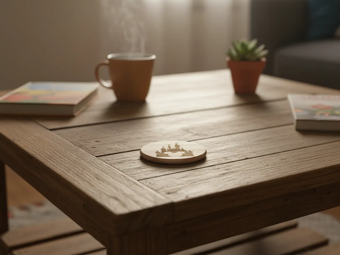 Wooden Laser Cut Castle and Mouse Head Coaster on Rustic Table | Free ...