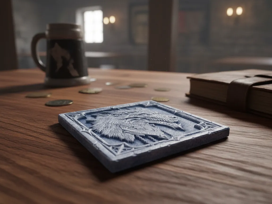 White coaster engraved with a detailed fantasy creature head