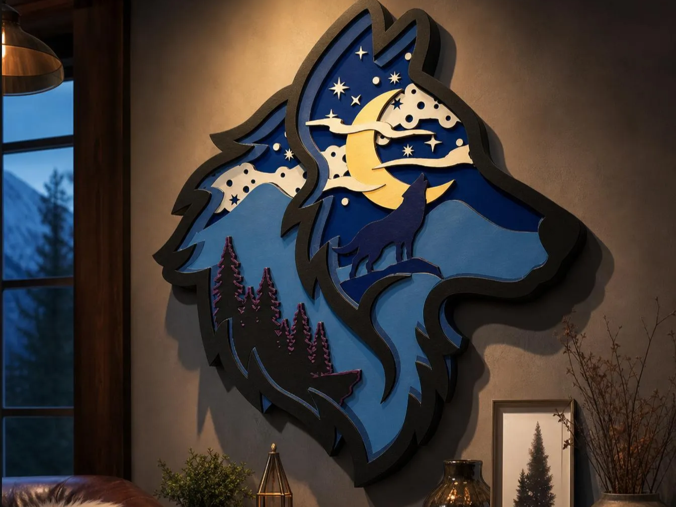 Moonlit Wolf Layered Wall Art shadow box design