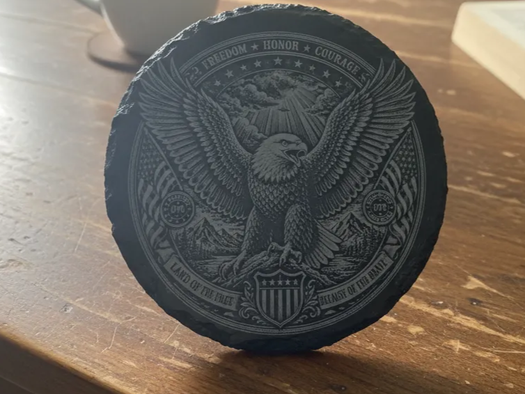 Round Slate Coaster Featuring Patriotic American Eagle Emblem — free patriotic laser/print project file on Atomm