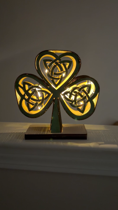 [Laser cut and engrave] Laser Cut Celtic Shamrock Decorative Table Lamp with Warm LED Lights