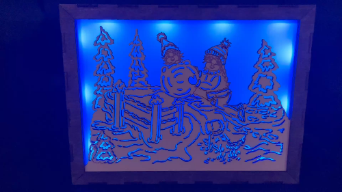 [Laser cut and engrave] Laser Cut Winter Scene Wall Art with Children and Dog in Wooden Frame