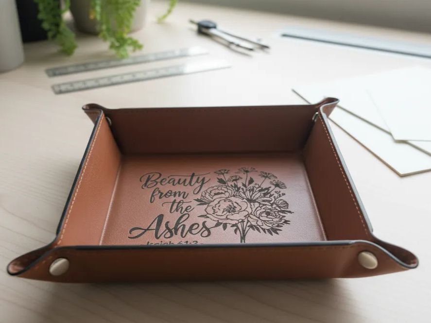 Leather Desk Organizer Tray with Engraved Floral Quote office desk decor idea