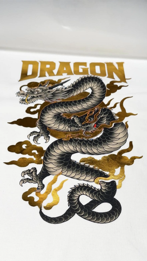 [DTF Printing] White T-Shirt with Dragon Graphic Print and Gold Flames