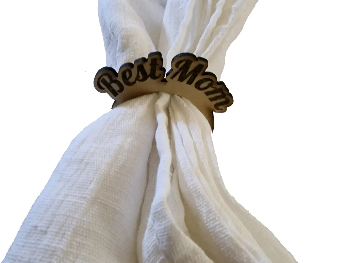 Wooden napkin ring engraved with a Best Mom message