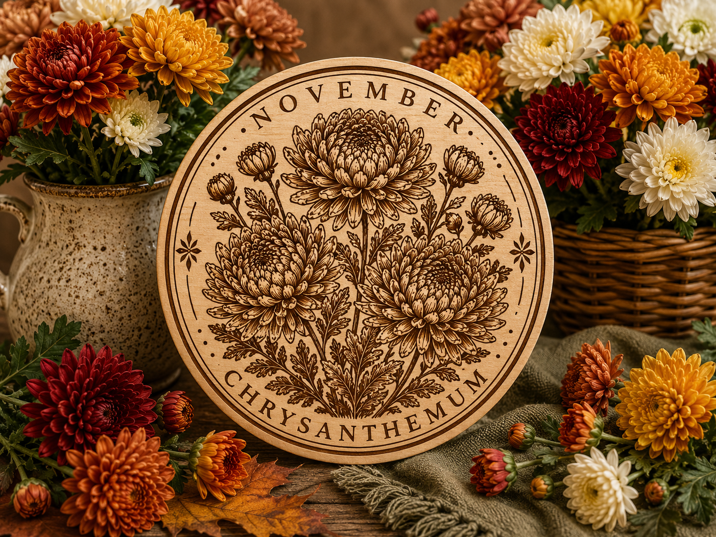 Laser cut coaster featuring November's birth flower, the chrysanthemum