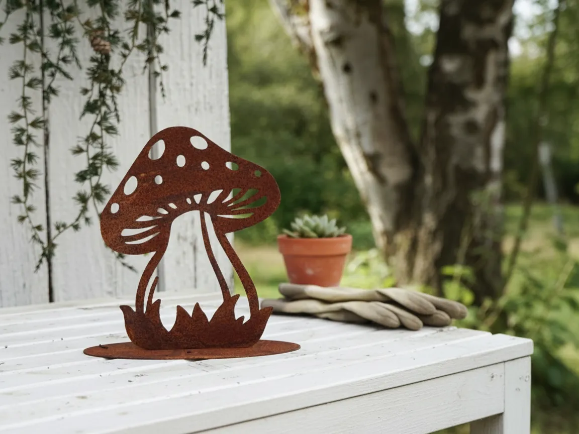 Rusty Metal Mushroom Garden Statue exterior metal wall art idea