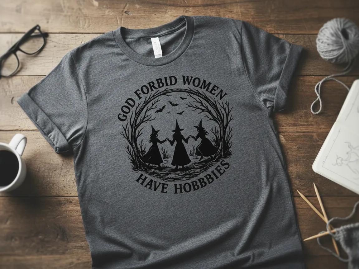 Siva majica s tremi čarovnicami okoli kotla in napisom God Forbid Women Have Hobbies